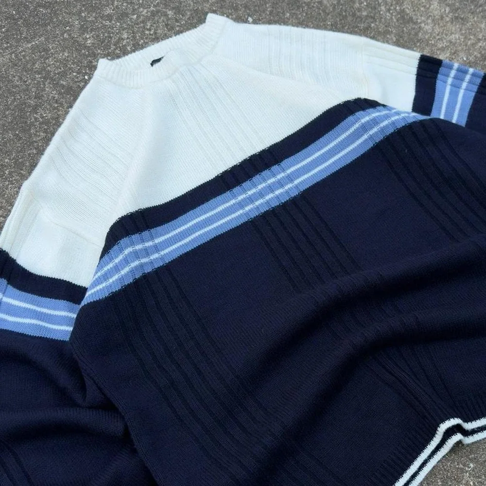 Vintage Y2K Trust Striped Knit Sweater Navy White Minimal Streetwear Large f10